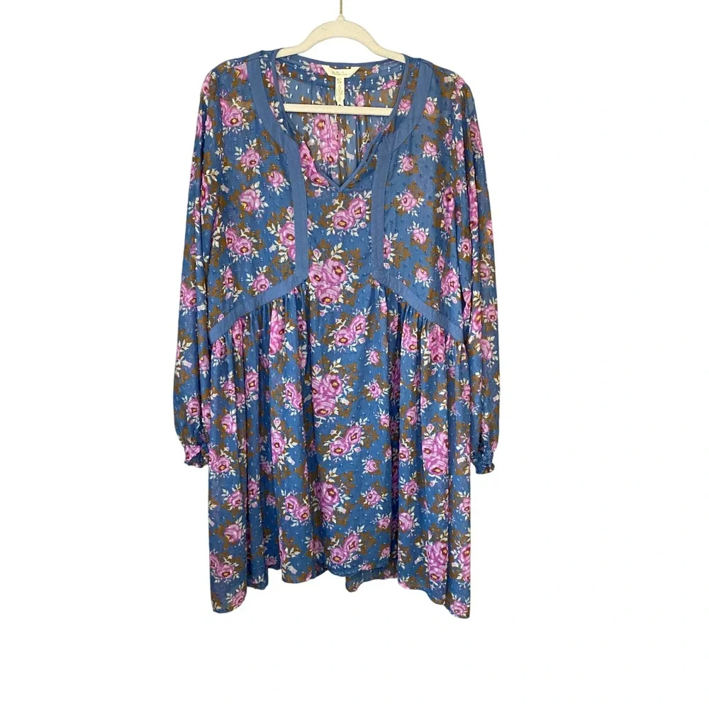 Matilda Jane To the Nines Blue Pink Floral Clip Dot Babydoll Dress XL Womens